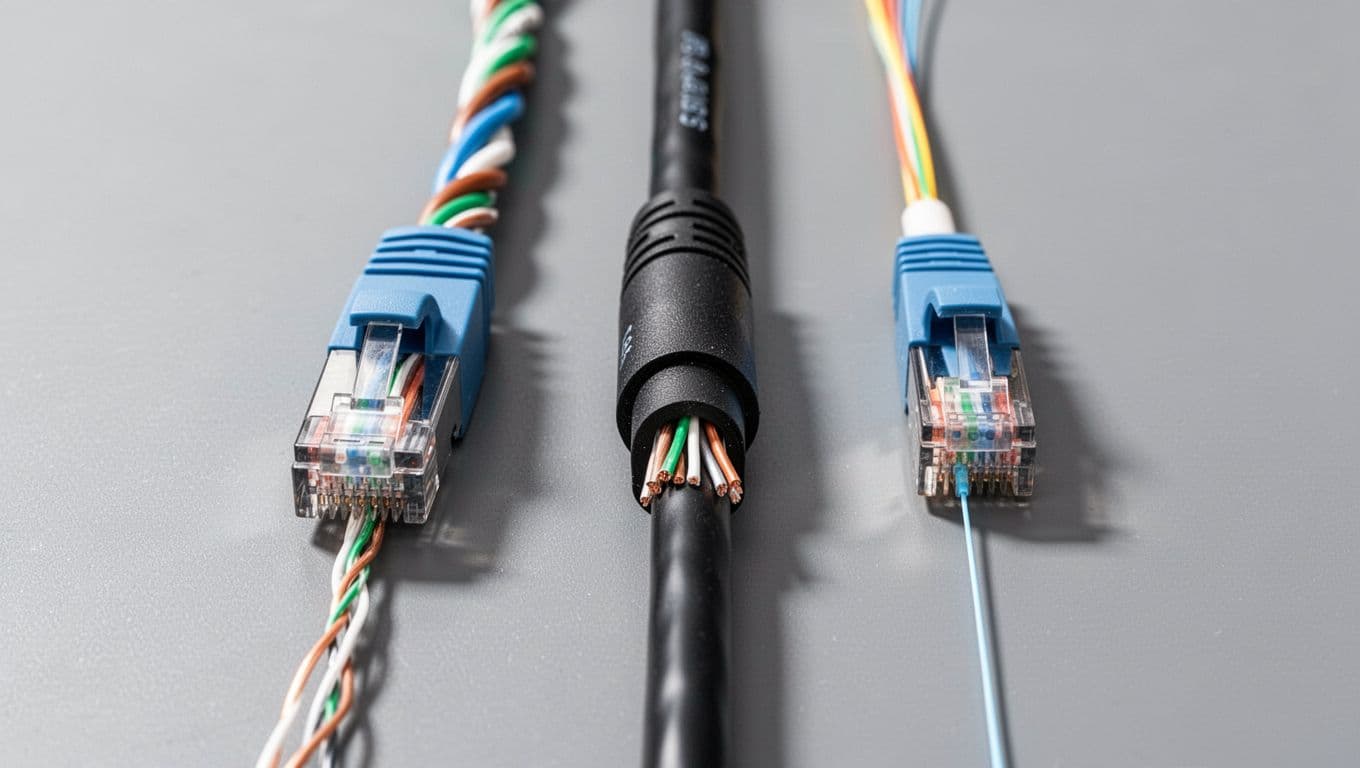 Side-by-side comparison of Cat6, Cat6A, and fiber optic cables arranged in a straight line, displaying appearance, labels, and simple cross-sections on a gray background with professional product photography style, bright even lighting, high detail on cable sheaths, square composition.