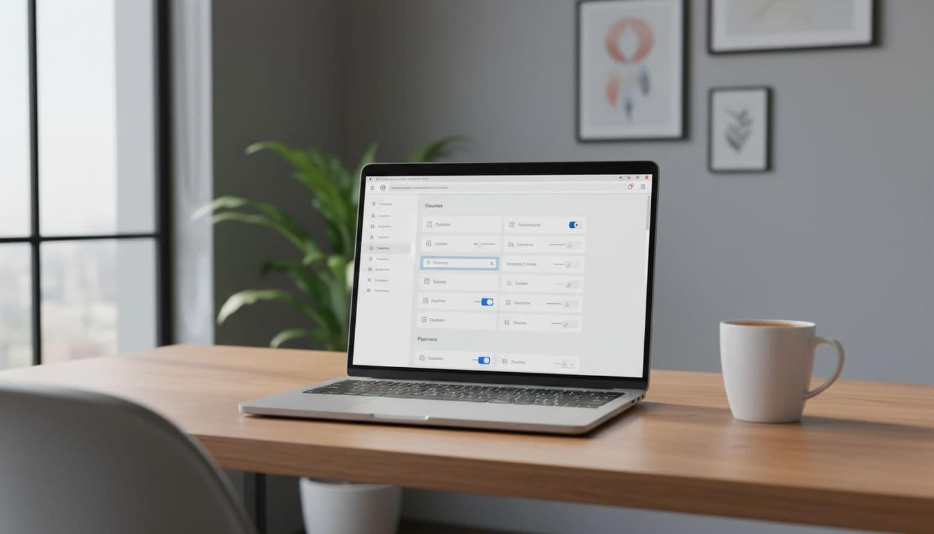 A clean modern office desk with a single laptop open to the WordPress dashboard displaying LMS plugin settings for online courses, accompanied by a coffee mug and natural window daylight.