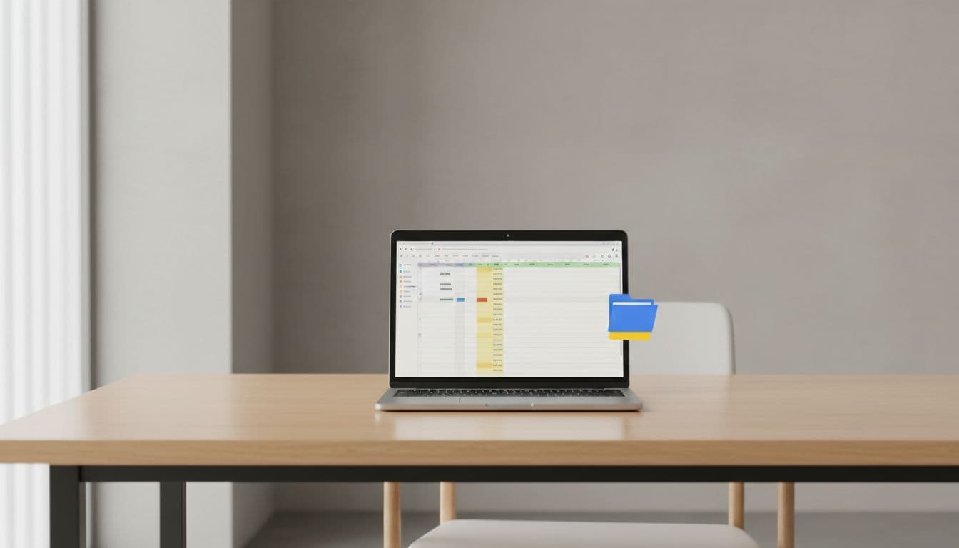 A clean office desk with a laptop open to Google Sheets interface showing data rows, a Google Drive folder icon nearby, soft natural lighting, simple modern style, exactly one laptop, no people, no text, no logos, no extra objects.