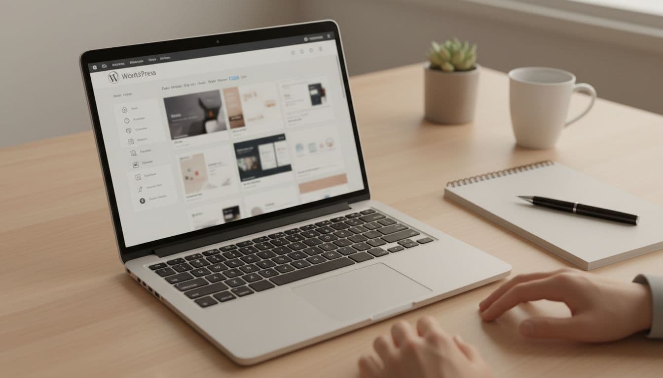 Top-view of a clean office desk with an open laptop displaying a blurred WordPress theme and plugin selection interface, elegant previews, notepad, pen, and warm lighting.
