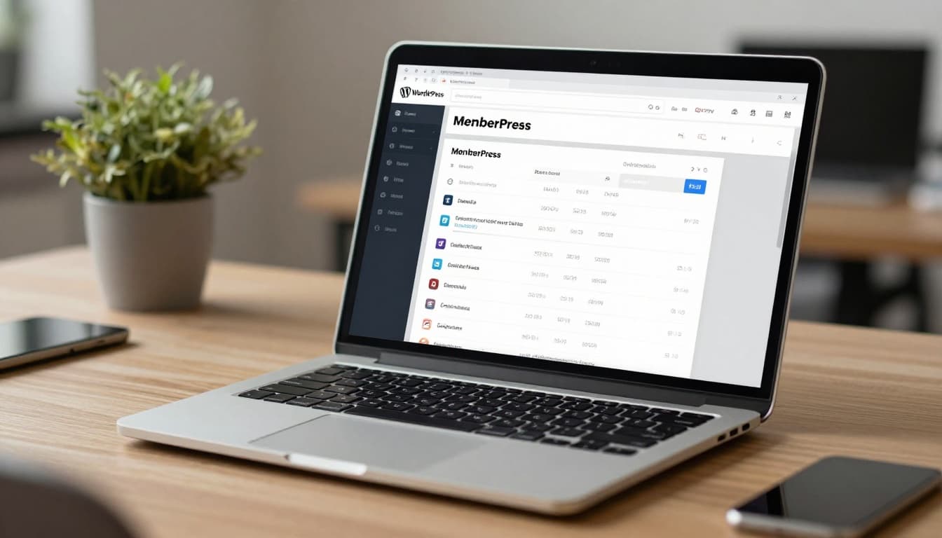 A clean WordPress dashboard screen on a laptop showing installed plugins like MemberPress and WooCommerce with a simple course menu open, set on a modern office desk with natural light, realistic style, no people or text.