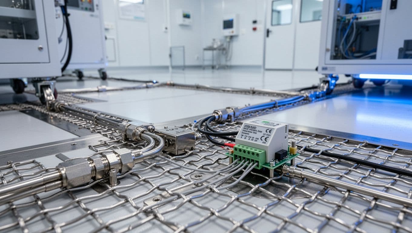 Close-up of grounding grid under cleanroom floor connected to equipment and integrated temp-humidity sensors under blue light.