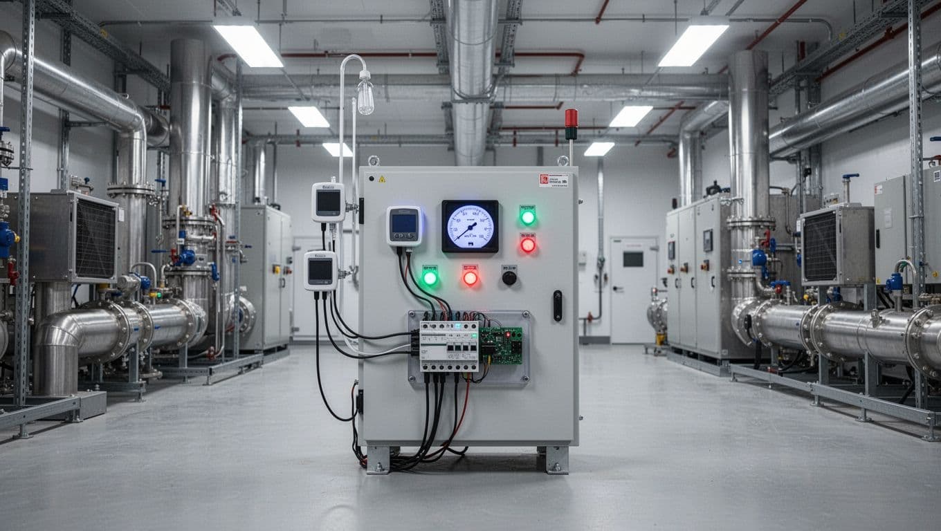 Controllers, sensors, and power circuits connect in air conditioning room with instrument displays.