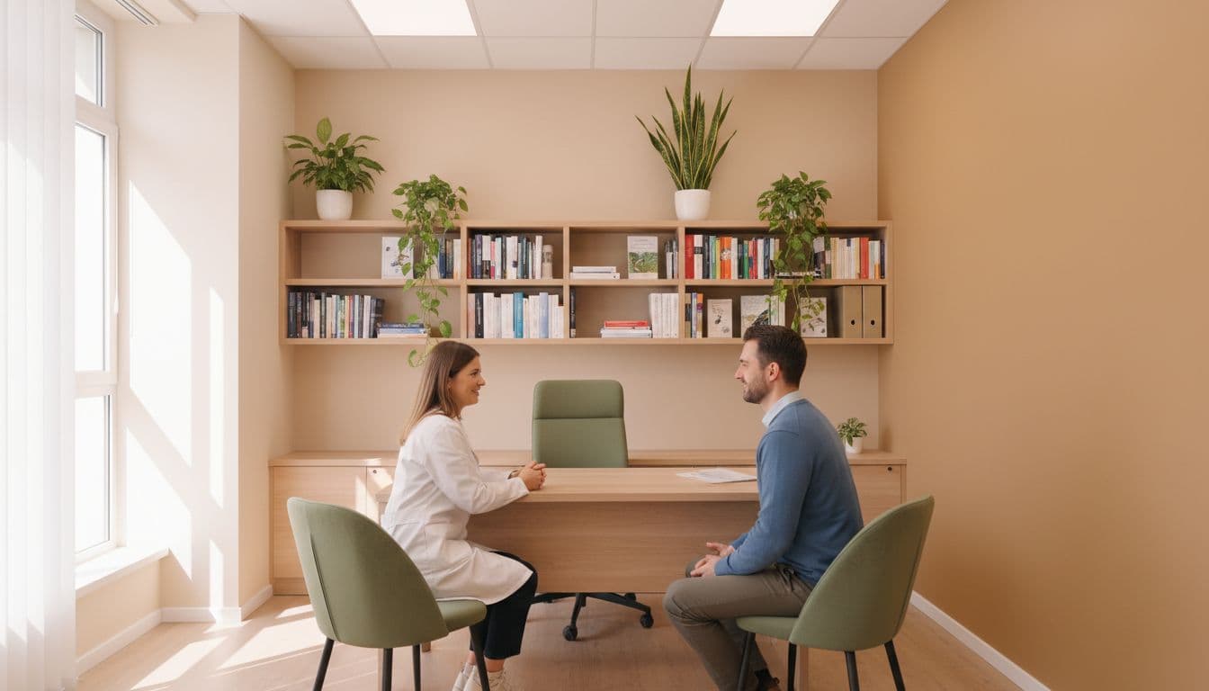 Doctor and patient converse at wooden desk in bright room with chairs, bookshelves, plants, and window light.