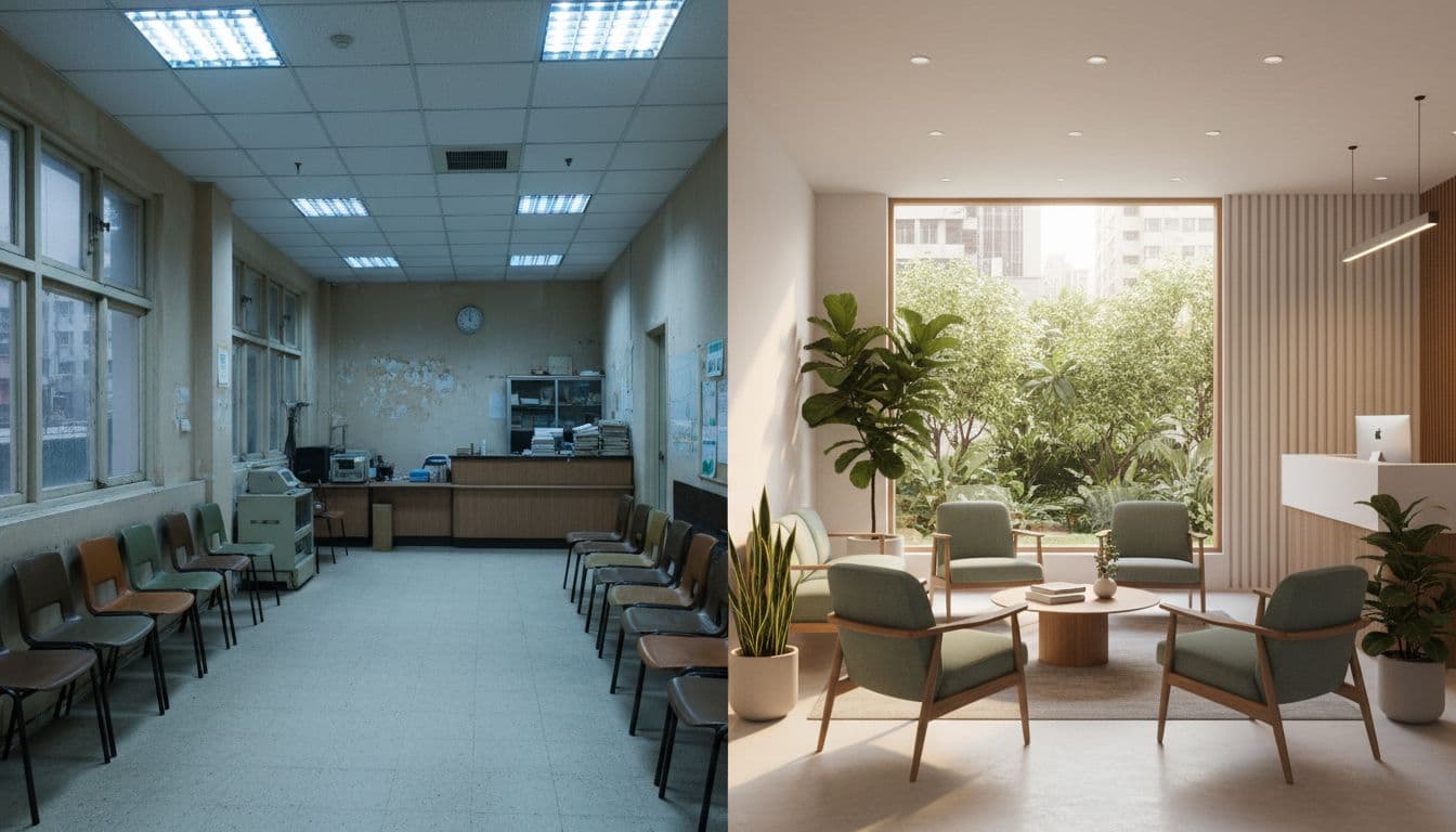 Split image shows dim outdated waiting room left and modern refreshed space with natural light seating plants right.