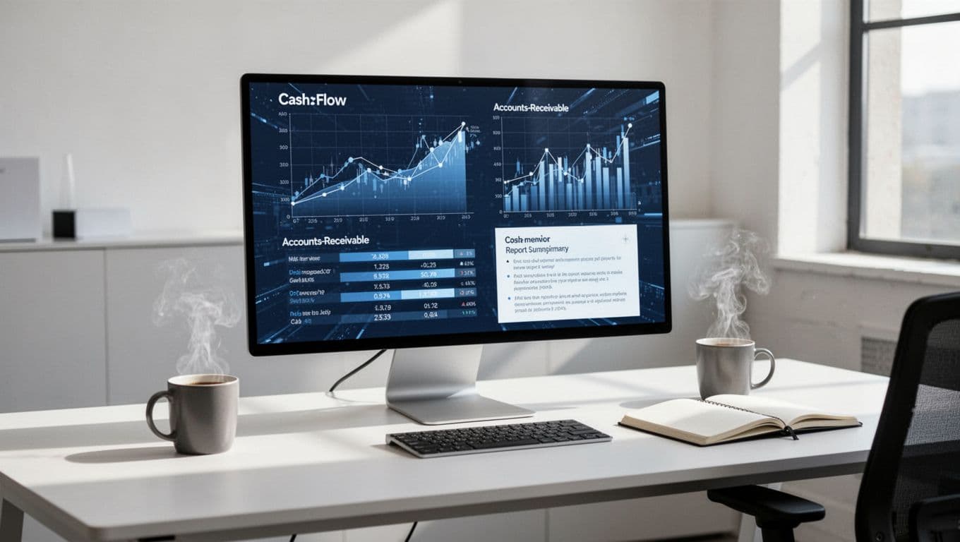 雲端記帳與數位化財報管理 讓老闆出國也能掌握現金流 Realistic depiction of a single computer screen on an office desk displaying a clean, modern cloud accounting interface with cash inflow-outflow charts, accounts receivable list, and financial report summary. Blue-white color scheme in bright office lighting, including coffee and notebook, no people or readable text.