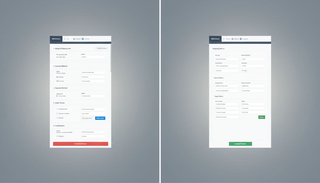 Split-image visual comparison of a cluttered multi-step checkout process on the left versus a streamlined one-step checkout on the right, in a professional e-commerce WordPress theme.