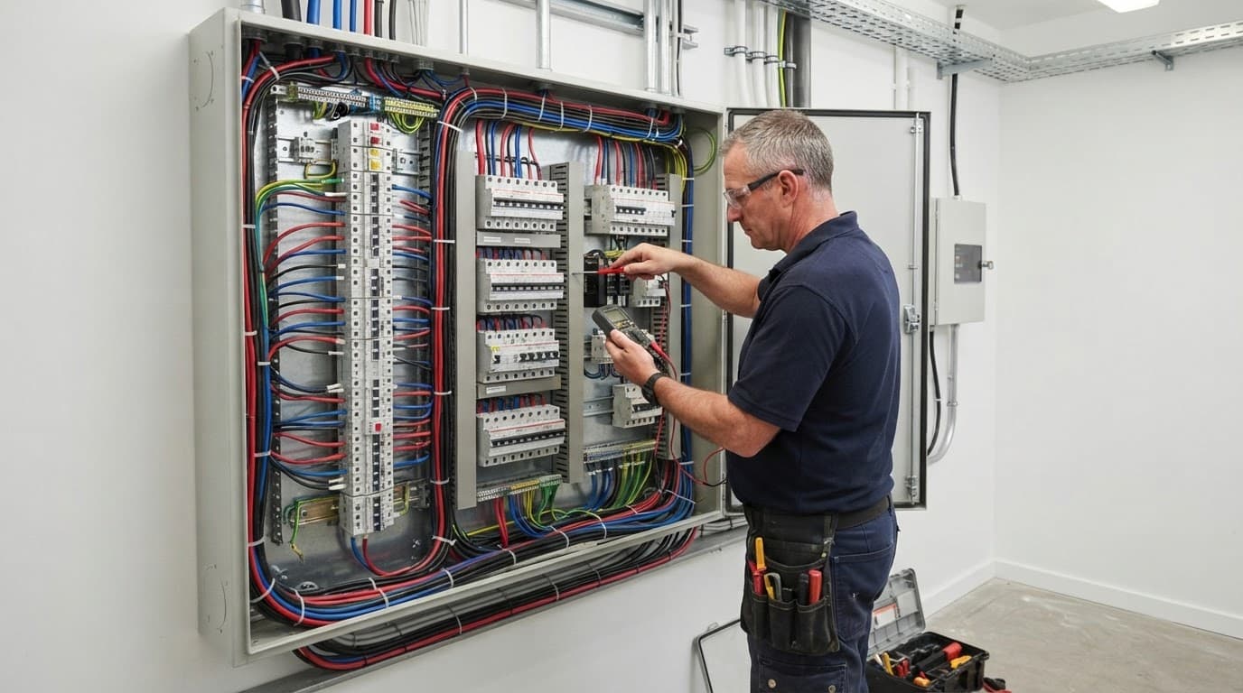 辦公室水電配置規劃:裝修前先做對,少掉日後跳電與重工 電工檢查白牆上的商用配電盤與整齊排列的斷路器。