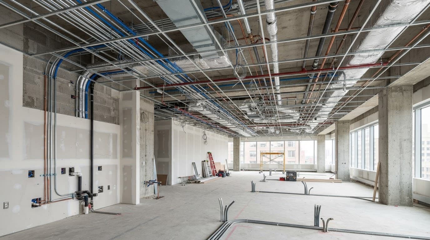 辦公室水電工程估價:5項費用與報價單審核重點 裝修中的辦公室天花板可見裸露導管與牆面管線。