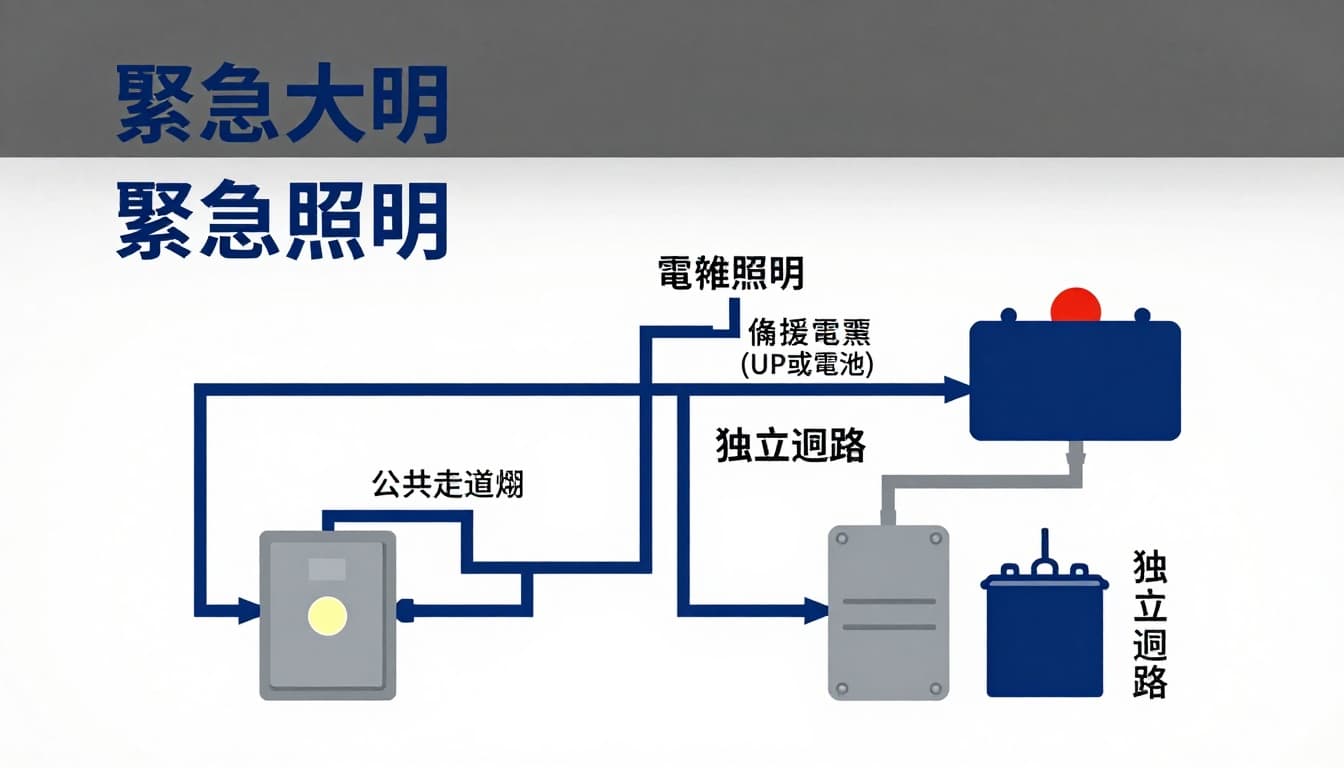 專業資訊圖為社區大樓緊急照明與備援電源（UPS或電池）的簡化配線圖，包含公共走道燈具連接到配電箱、電池備用圖示及獨立迴路。工程藍圖與扁平化圖標混合風格，白底藍灰配色，繁體中文標籤清晰可讀。