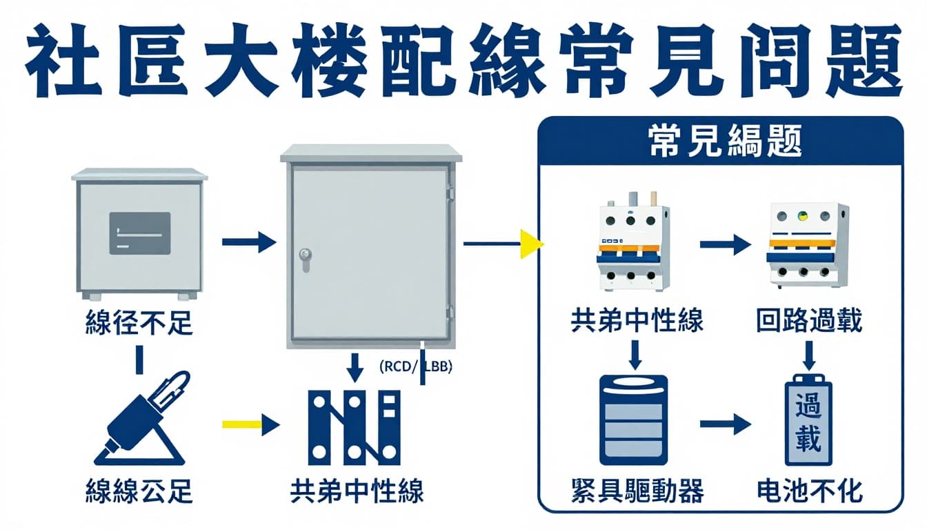 專業資訊圖／示意圖風格插圖，展示社區大樓配電箱、分路、漏電斷路器、接地線等常見配線問題，包括線徑不足發熱、接線鬆脫、共用中性線、過載等警示圖示。工程藍圖與扁平化圖標混合風格，白底藍灰配色，繁體中文標籤清晰可讀。