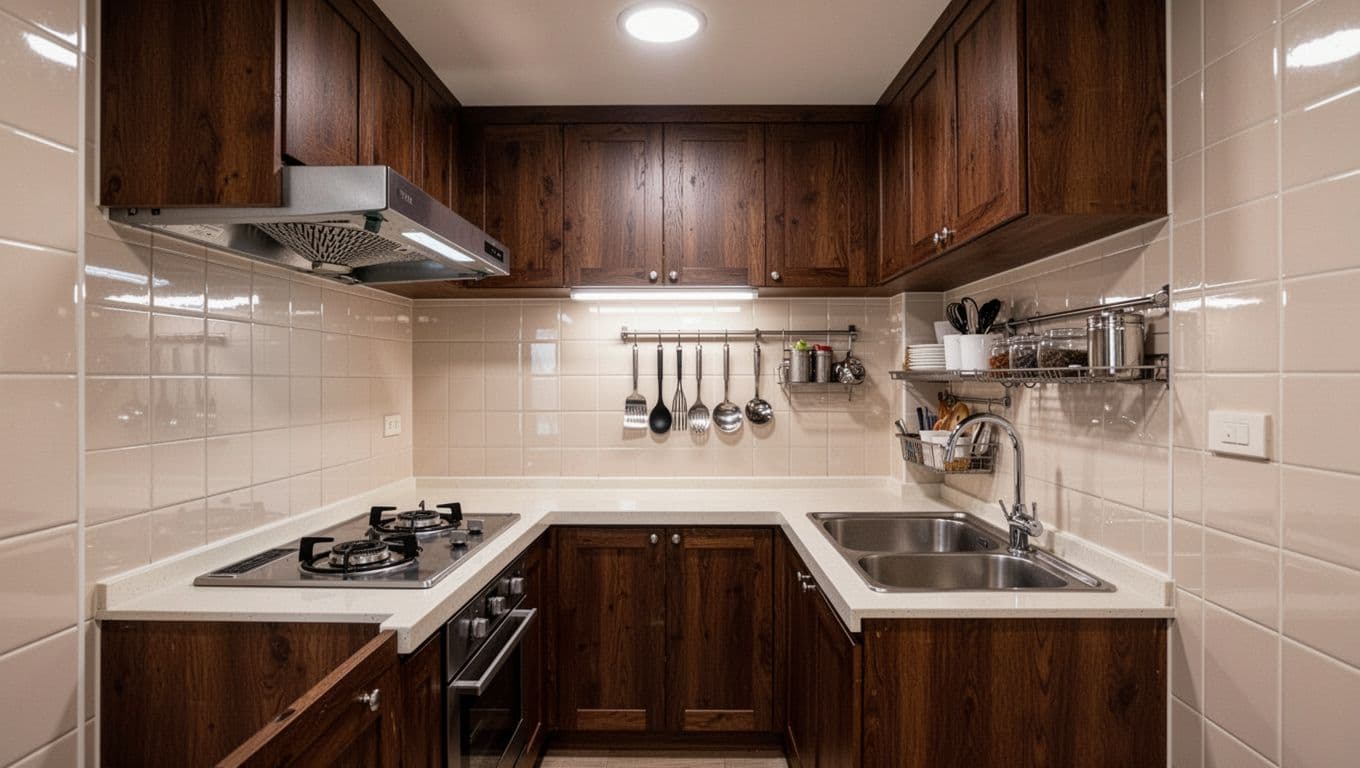 A practical compact enclosed independent kitchen in a Taiwanese apartment, featuring glossy tiled backsplash, dark wooden cabinets, stainless steel stove and sink, organized utensil shelves, visible exhaust fan, and soft overhead lighting in a clean, realistic style.