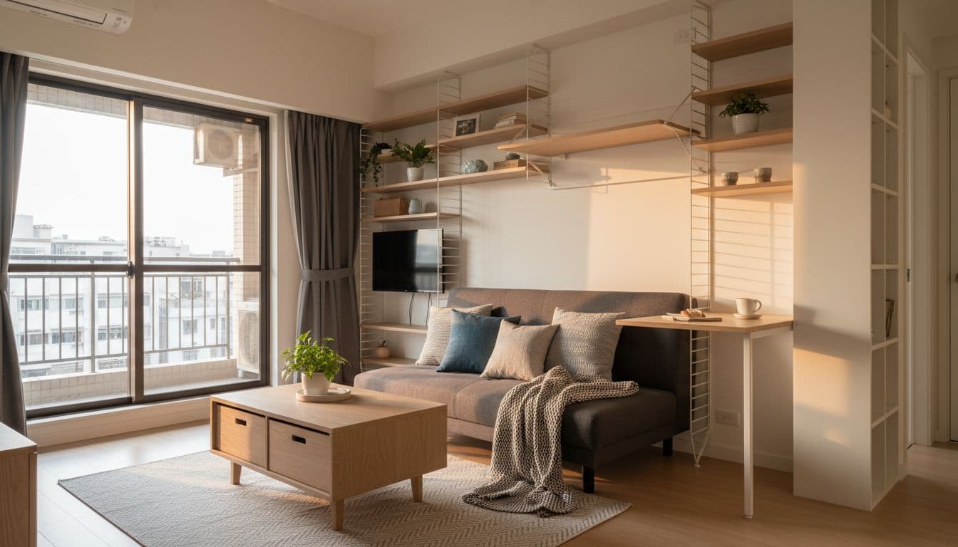 Photorealistic compact modern living room in a small Taiwanese apartment featuring multifunctional furniture like sofa bed and wall-mounted shelves for optimal space use, with an organized airy feel under warm evening light.