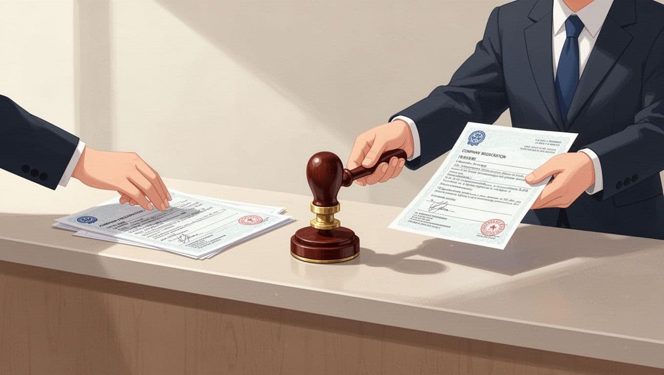 電商營業登記別拖,還沒獲利先收罰單的關鍵細節 Sequential vector icons depict company registration from application to completion, featuring documents, counter, and official seal on clean background.
