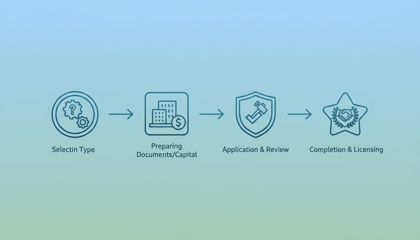 公司登記費用怎麼省:3 招把開公司成本壓在萬元級別 Simple vector icon illustrating company registration workflow from type selection to completion, featuring clean lines in blue-green tones, centered composition without text or figures.