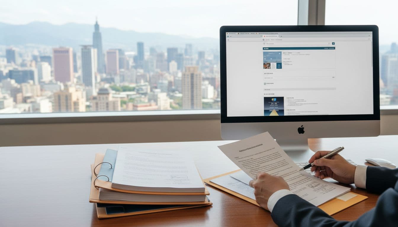 Clear office desk scene with company setup documents like shareholder meeting minutes, company bylaws, and seal card; professional holding pen reviews them beside computer displaying Ministry of Economic Affairs site, Taipei cityscape background, natural light, realistic high-detail style.