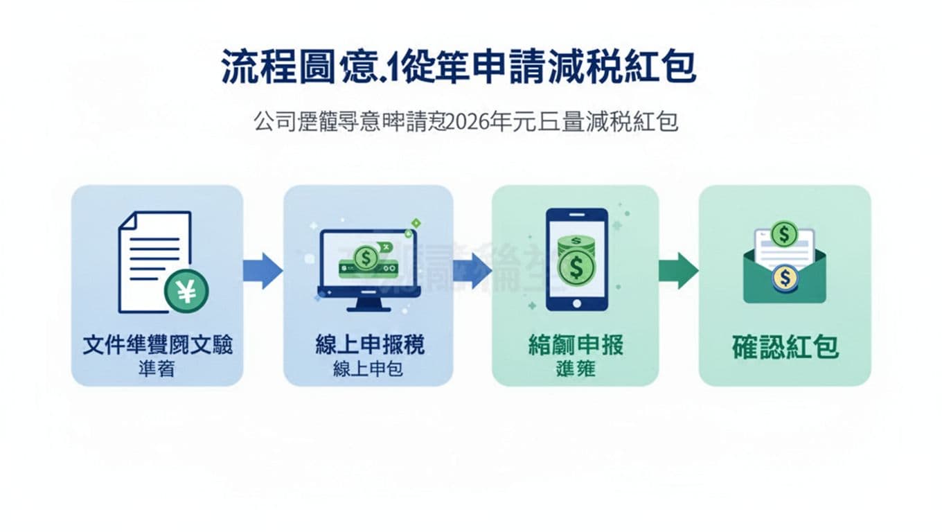 2026元旦減稅紅包攻略:公司從營運第一天如何合法省錢 Flowchart illustrating steps for companies to apply for tax reduction red envelopes from New Year