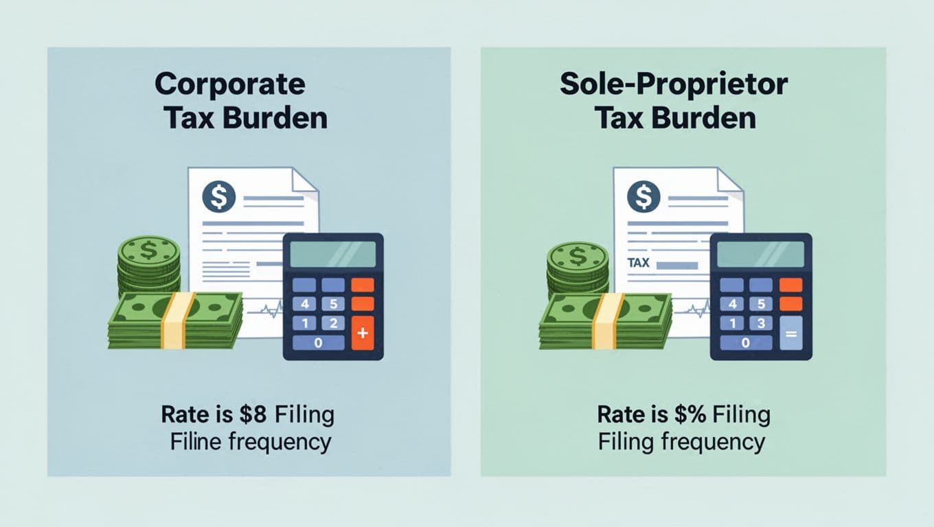 A flat design chart visualizing tax rate and filing frequency differences between companies and sole proprietorships using simple blue-green icons like money bills, tax forms, and calculators in two side-by-side columns.