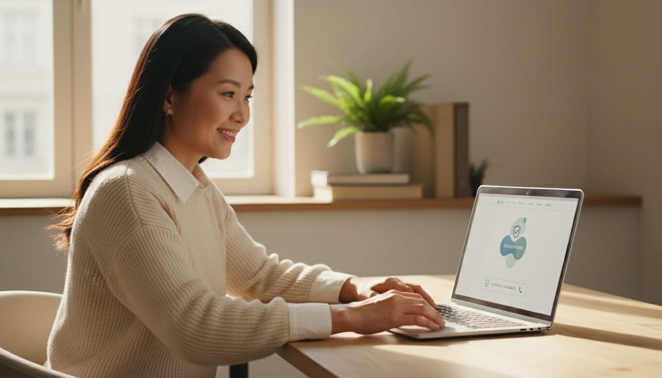 A mid-30s Asian professional business owner sits smiling confidently at a modern desk in a cozy office, viewing a clean brand website on her laptop displaying subtle trust elements like security badges and contact info.