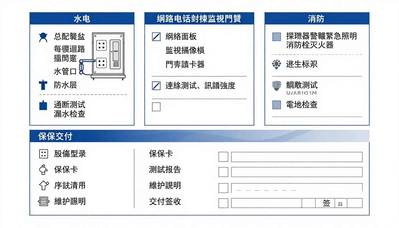 完工驗收必備表單包,水電, 弱電, 消防的照片清單, 測試項目與保固交付清單 完工驗收必備表單包,水電, 弱電, 消防的照片清單, 測試項目與保固交付清單
