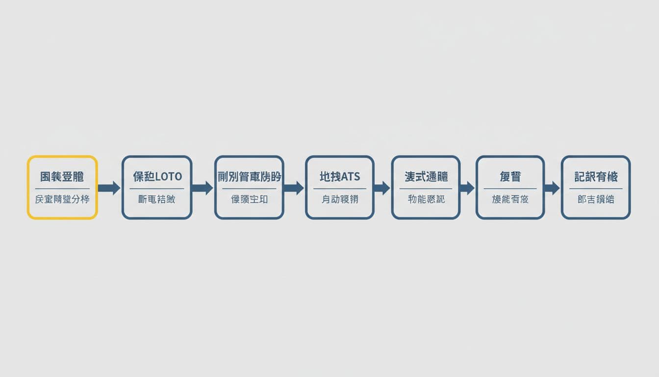 生產線不停機也能施工,工廠水電分段切換與夜間施工安排法 資訊圖表風格插圖,展示施工分段切換流程,從風險評估、隔離LOTO、臨時供電旁路、切換ATS、測試驗證、復歸到紀錄存檔,每步以乾淨線條方塊和箭頭連接,使用藍灰主色調與少量警示黃色,淺灰背景,簡潔專業適合工業工程部落格文章。