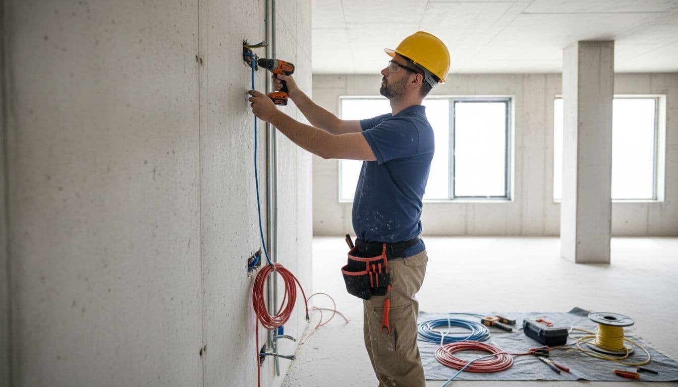 One construction worker in a safety helmet installs electrical wires and conduits along bare office walls, with organized cables and tools on the floor nearby; medium shot side view in realistic photo style with even daylight lighting.