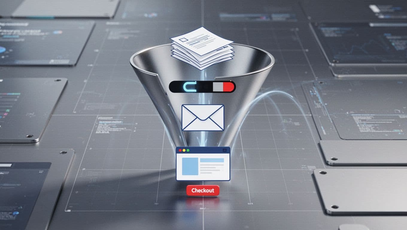 Clean infographic-style flowchart depicting the content funnel stages: awareness with blog posts, consideration with lead magnets and emails, decision with sales page and order button icons, on a modern WordPress dashboard background.