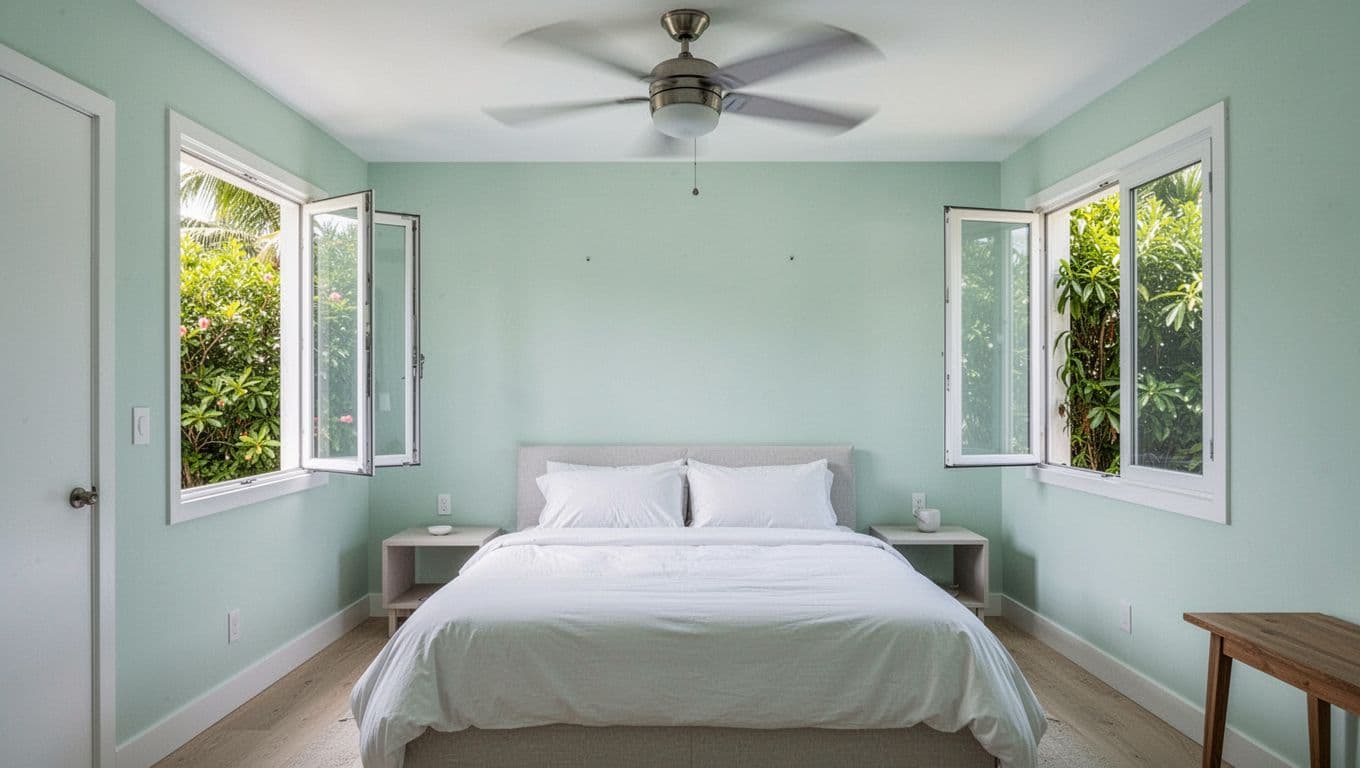 Pale mint green walls, white bed linens, spinning ceiling fan, open window to greenery.