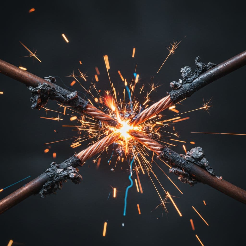 A realistic close-up of exactly two exposed copper wires touching to cause a short circuit, producing bright sparks and burn marks on a dark background that emphasizes the fiery hazard.