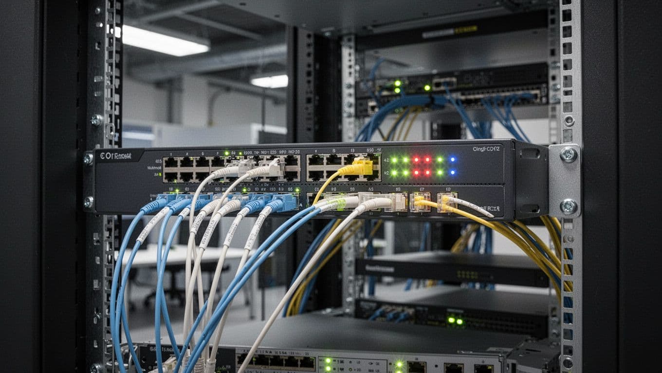 辦公室光纖佈線規劃指南:單模、多模與核心交換器選型實務 Core switch inside an office rack displaying multimode and singlemode fiber optic connection ports, with neatly organized cables and illuminated LED indicator lights in a professional data center environment, side-angle view with industrial lighting and rich details.