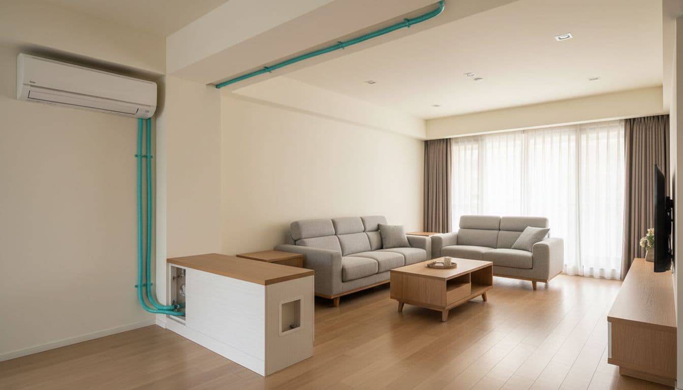 台灣居家客廳中正確壁掛式冷氣室內機安裝示意，室內機靠近梁柱上方，出風避開沙發直吹，管線隱藏且留有檢修空間。