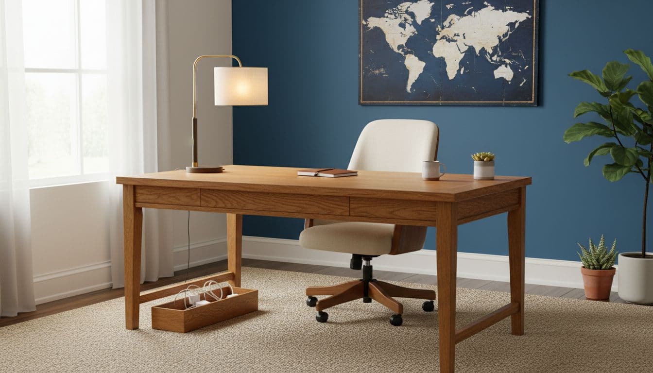 Wooden desk with lamp in empty cozy office, blue accent wall with world map print, comfortable chair, plants, organized cables, warm LED lights.