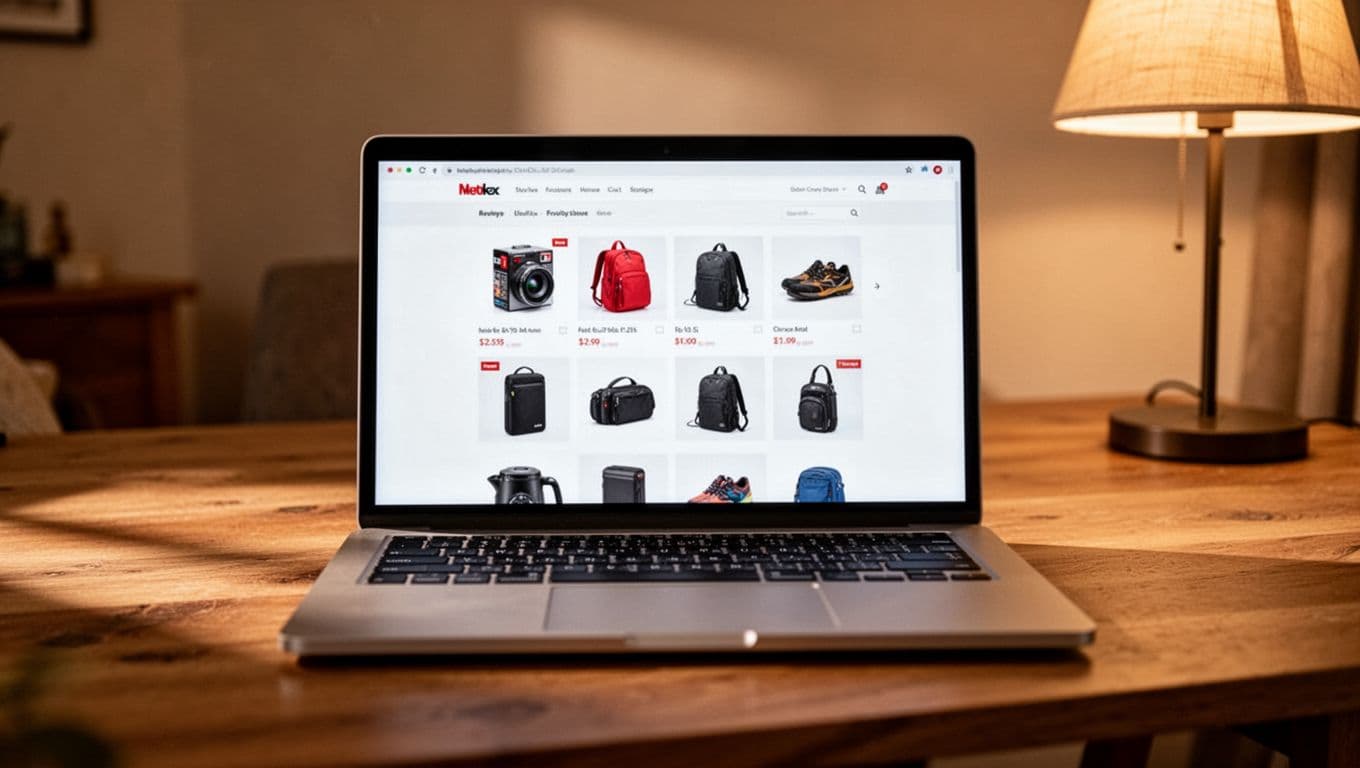Illustrative cozy online store scene featuring a laptop showing an e-commerce website with affiliate referral links and product promotion banners, warm lighting, no text on screen.