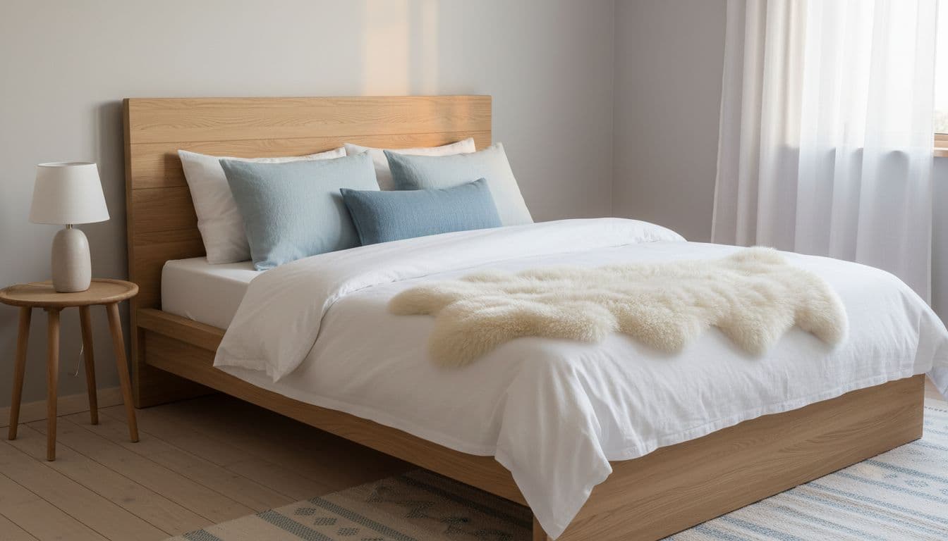 Serene Nordic bedroom with light gray walls, natural wood bed frame and headboard, crisp white bedding accented by pastel blue pillows and fluffy sheepskin throw, wooden side table with lamp, soft morning light through sheer curtains.