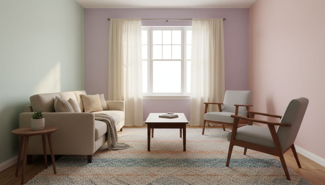 A small apartment living room transformed with light renovation featuring soft pastel painted walls, affordable new curtains and rugs, rearranged basic furniture, and bright natural light creating a cozy atmosphere.