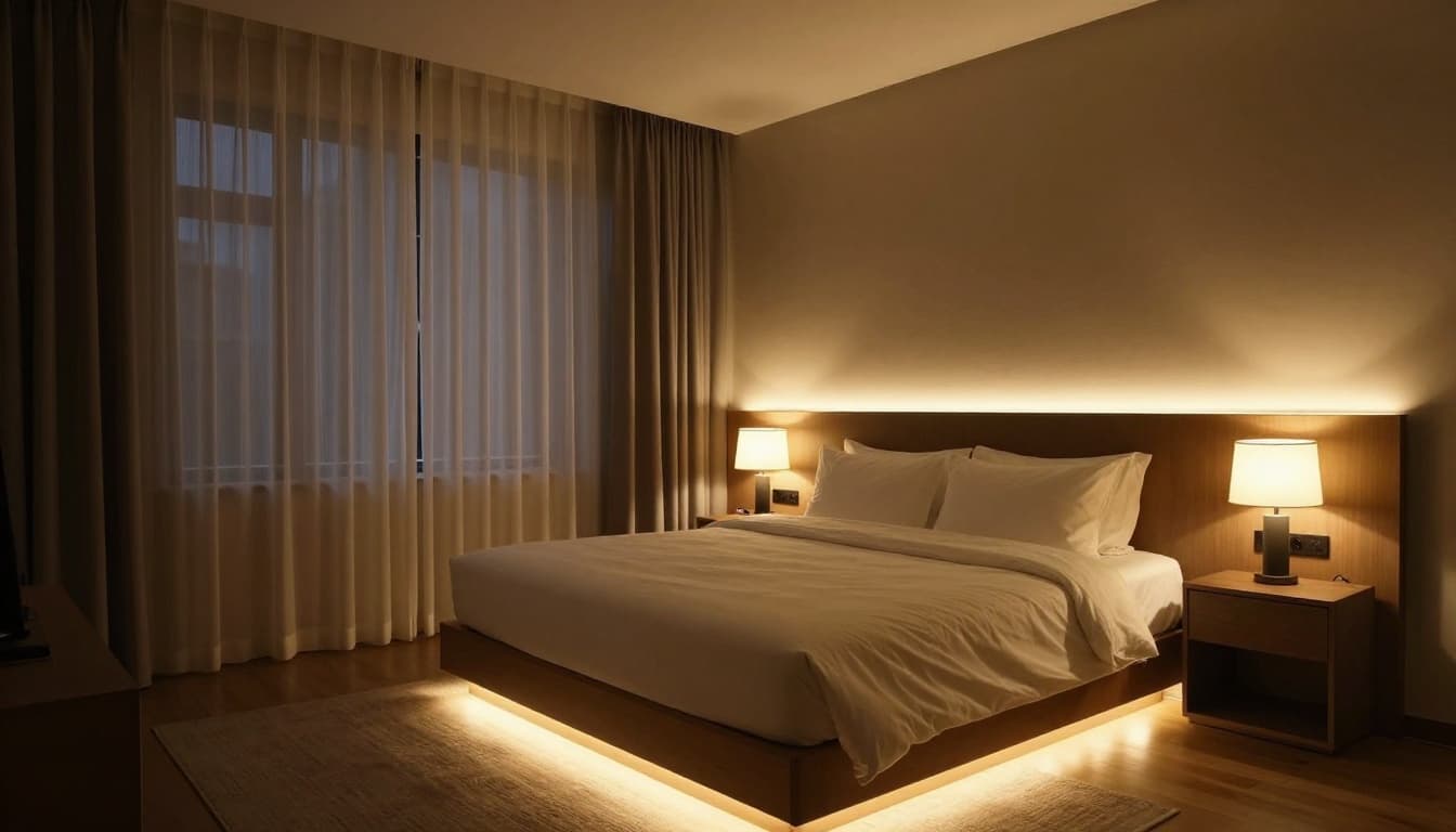 A comfortable Taiwanese bedroom at night, illuminated by soft warm yellow light from bedside lamps and hidden strips, highlighting the bed, pillows, and bedside table in a clean, high-end hotel-style atmosphere with soft furnishings.