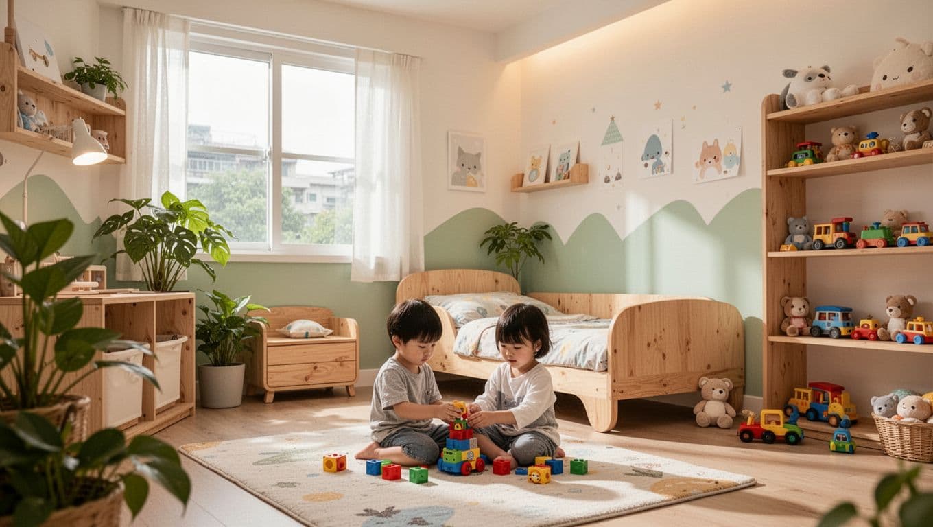 Child sits playing on floor in bright bedroom with wood furniture, pastel walls, plants, toys, and large window.