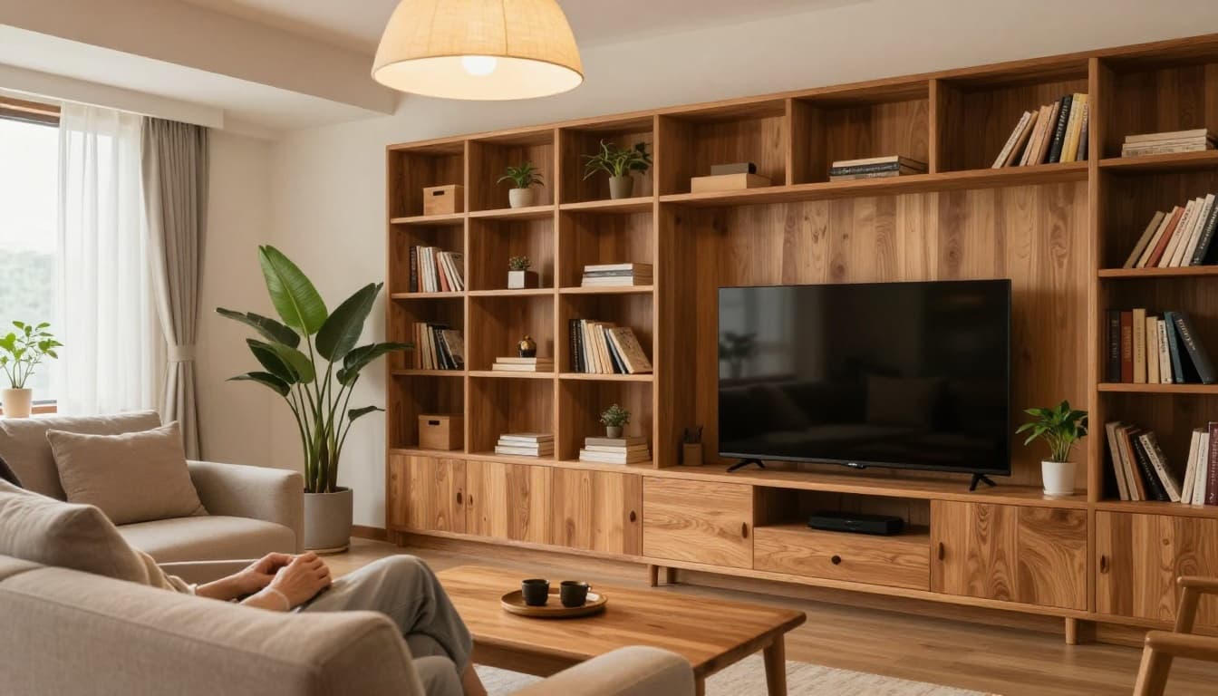 A cozy Taiwanese living room featuring custom solid wood carpentry furniture including a bookshelf and TV cabinet in warm oak tones, soft pendant lighting, potted plants, and one person sitting relaxed on the sofa with high-detail wood textures.