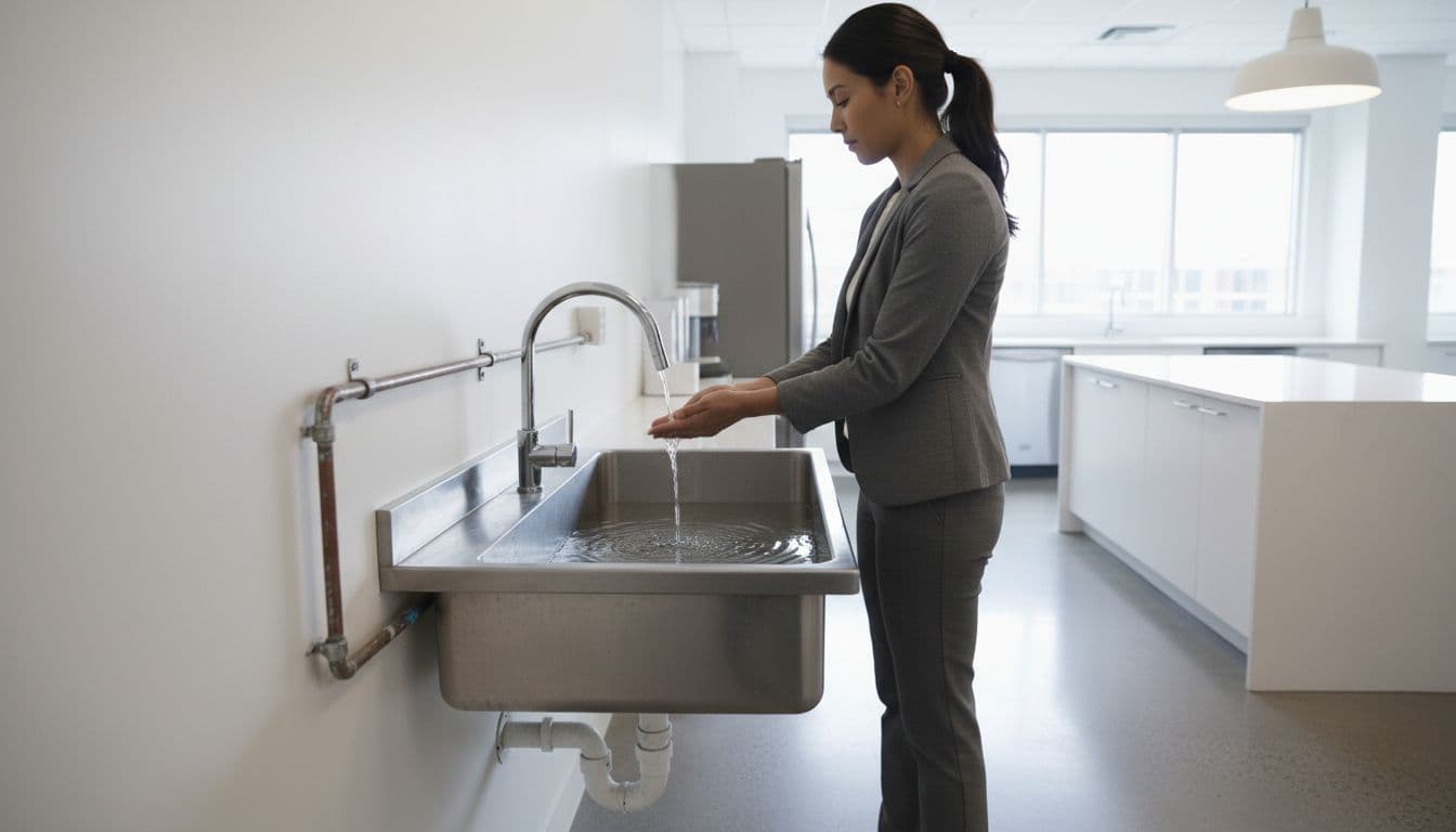 商辦裝修最吃錢的 8 個辦公室設計陷阱 老闆最容易白花冤枉錢 Modern office sink area narrowed by exposed pipes, dripping faucet inconveniencing an employee washing hands in relaxed pose, with clean brightly lit kitchen background.