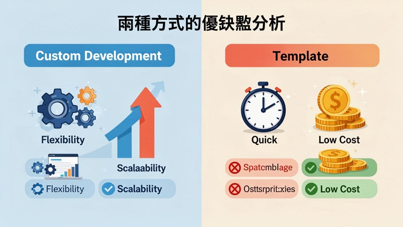 客製化開發還是套版架站,我們該怎麼選才符合預算與成長 Simple infographic comparing pros and cons of custom development (flexibility gear, scalability arrow) and templates (quick clock, low cost coin) in a balanced split composition with vibrant flat design.