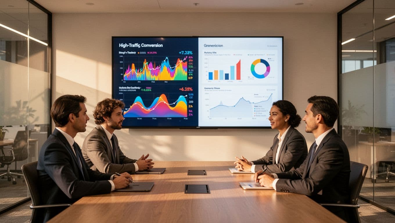Four professionals seated around conference table discuss charts on screen showing custom WordPress dashboard outperforming generic template stats.