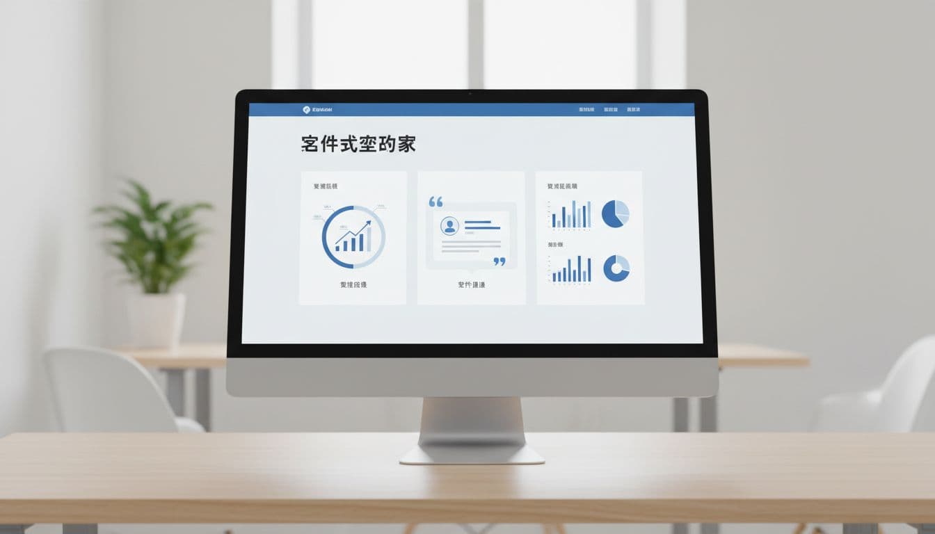 A realistic desktop computer in a minimalist office background shows a website section featuring customer success stories, data charts, and testimonials under soft lighting, with no text on screen or extra elements.