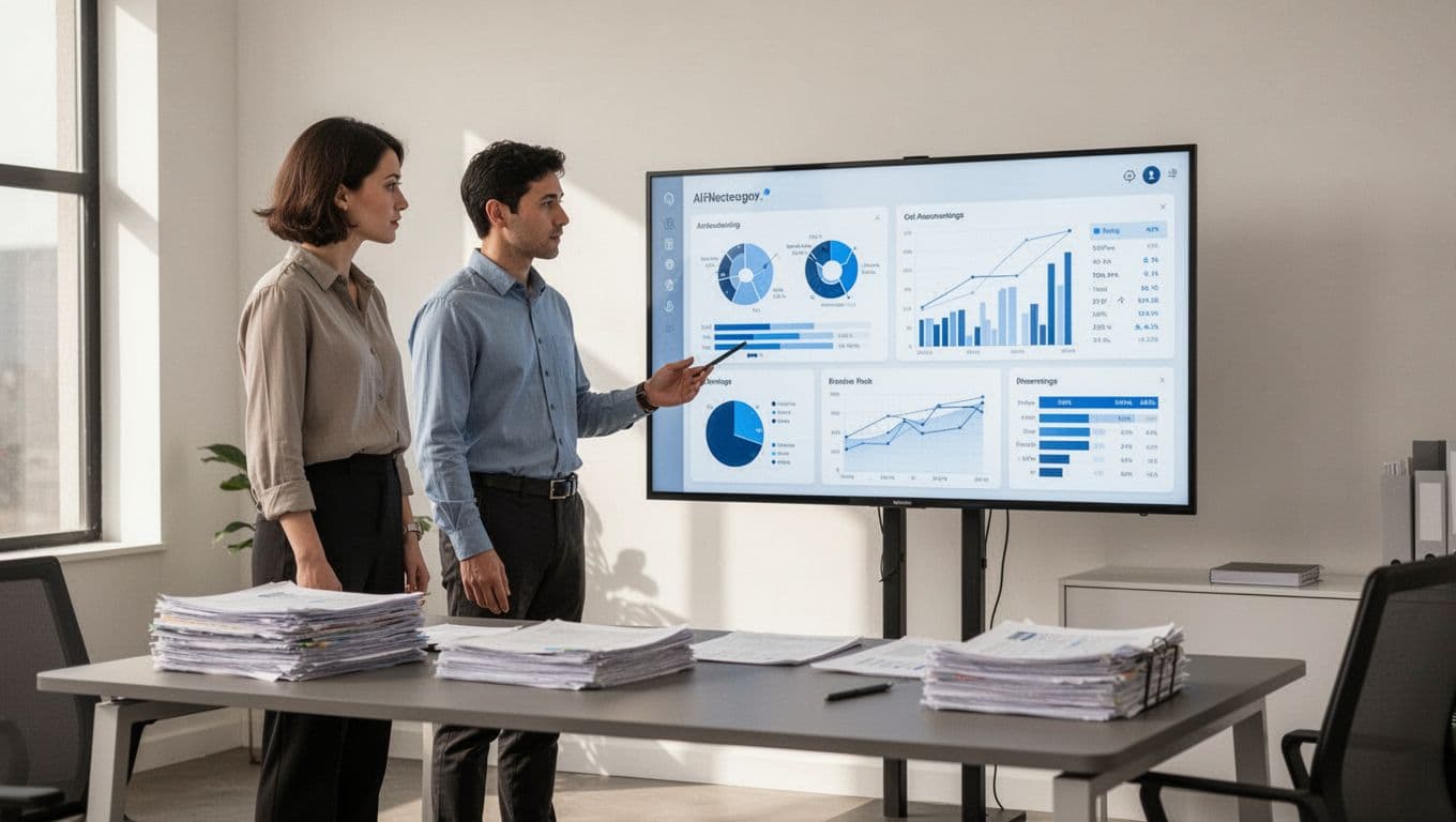 In a traditional deed office with modern minimalist style and soft lighting, two employees review AI-generated reports displaying charts and data on a large screen, with stacked files on the desk and hands relaxed on keyboard and mouse.