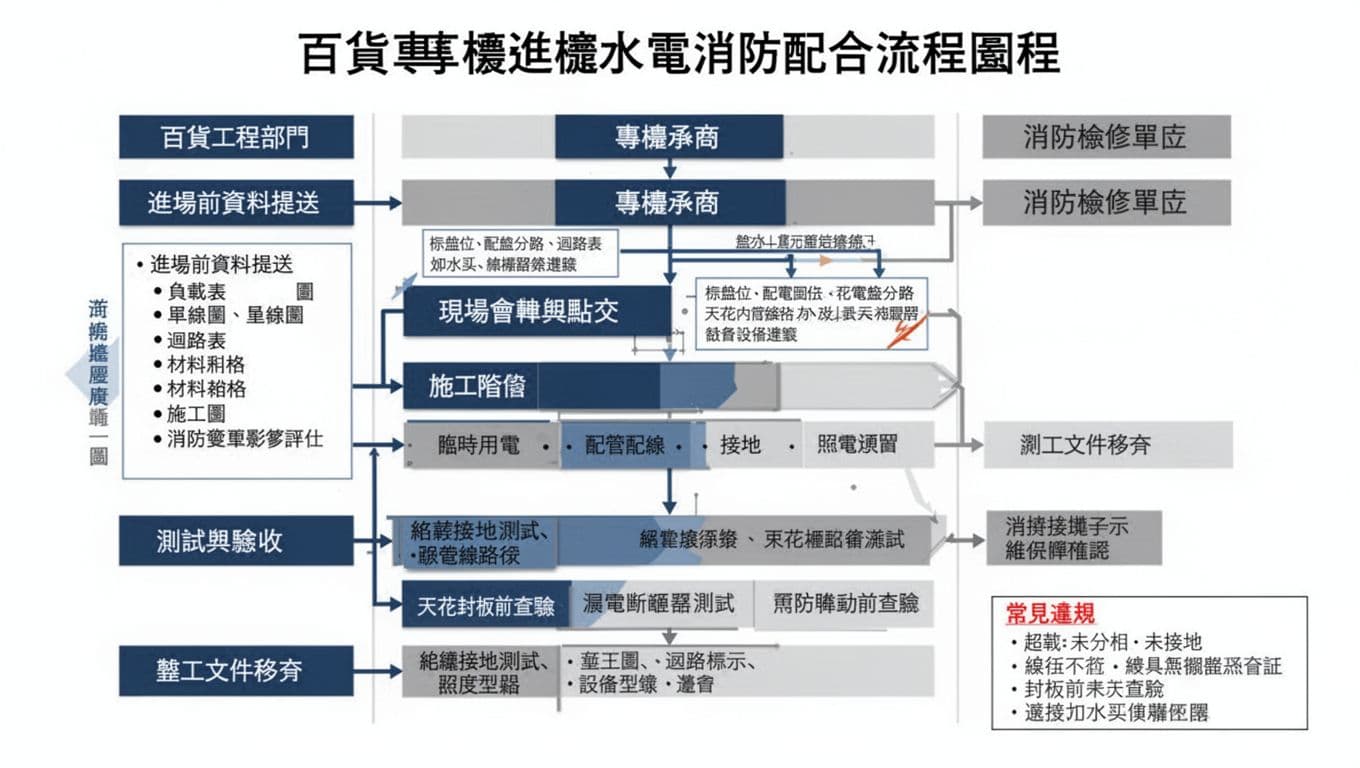 百貨專櫃進櫃水電常見規定,配電、照明、消防配合流程整理 百貨專櫃進櫃水電常見規定,配電、照明、消防配合流程整理