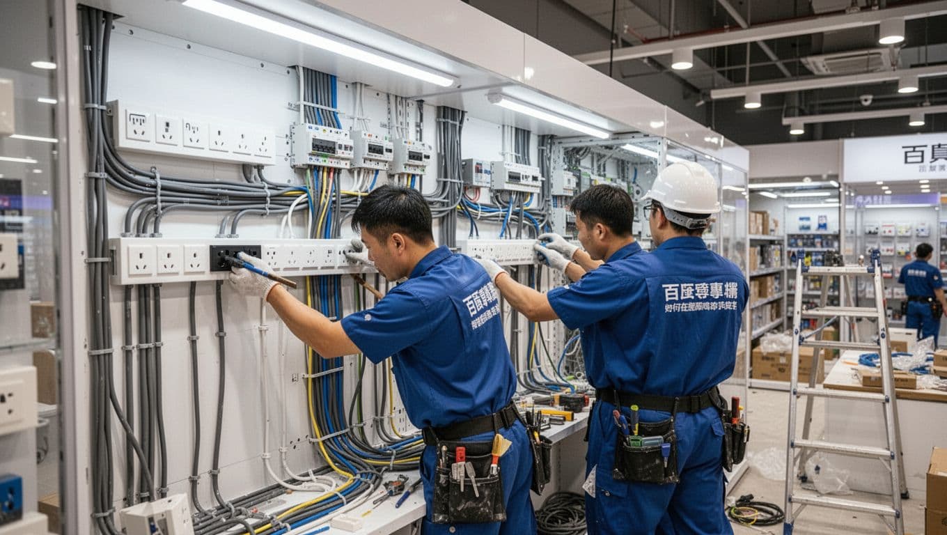 百貨進櫃撤櫃急件不求人:百貨專櫃水電規範與趕工攻略 Two workers quickly installing sockets and pipelines under bright lights with neat wiring circuits in a commercial department store counter space, realistic photo style.