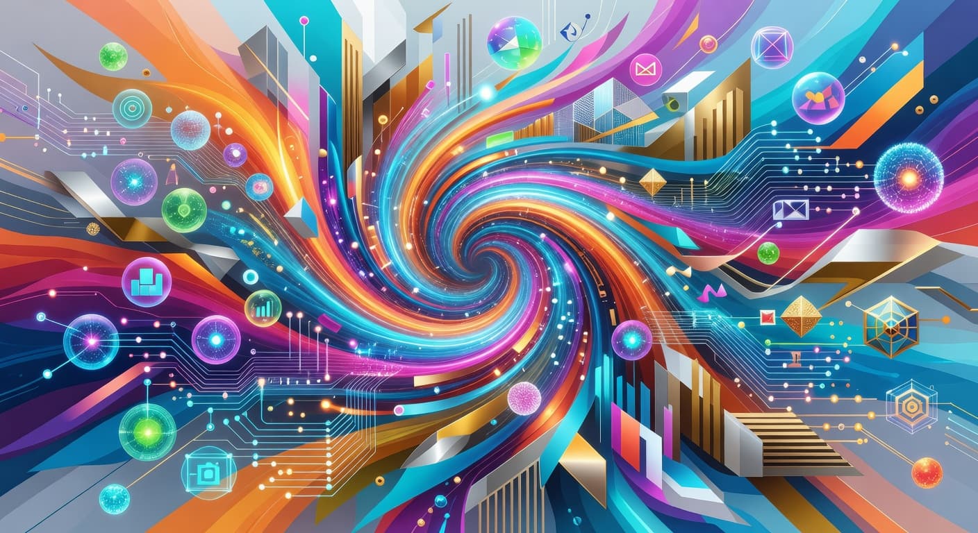 Vibrant abstract shapes and connected nodes rise upward to symbolize business expansion. Bright colorful gradients blend with geometric icons, creating a dynamic visual flow that represents modern strategic marketing planning concepts.