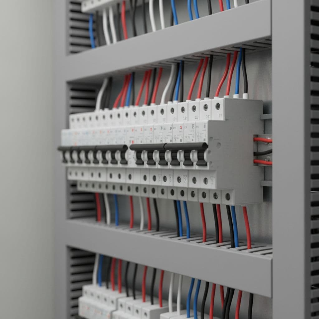 Close-up interior view of an electrical distribution box with multiple circuit breakers in the closed position, neatly arranged wires, blurred wall background, and professional lighting.