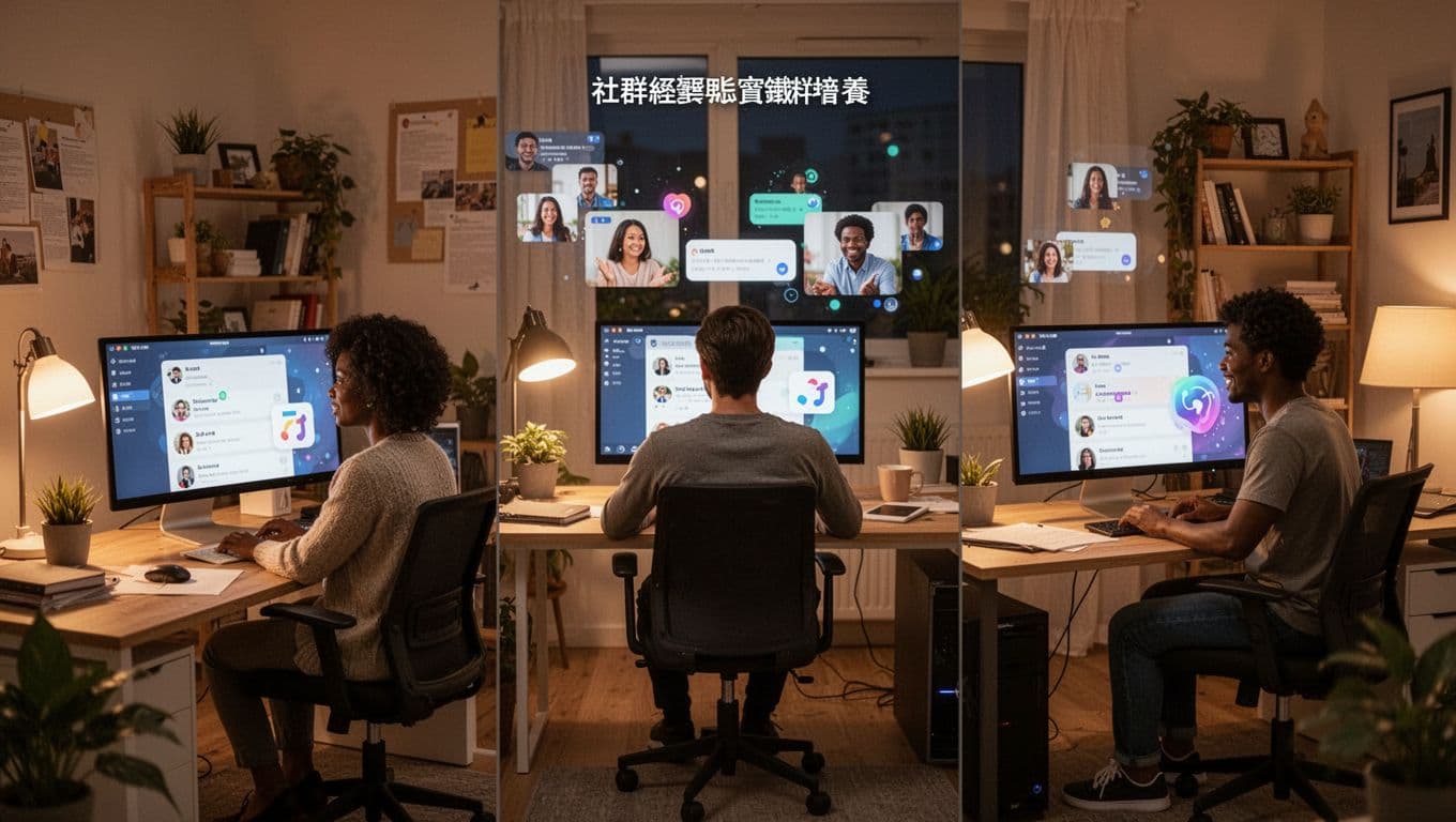 Three diverse individuals at home office desks with computers interact collaboratively in a virtual online forum, featuring warm lighting and a welcoming atmosphere in realistic digital art style.