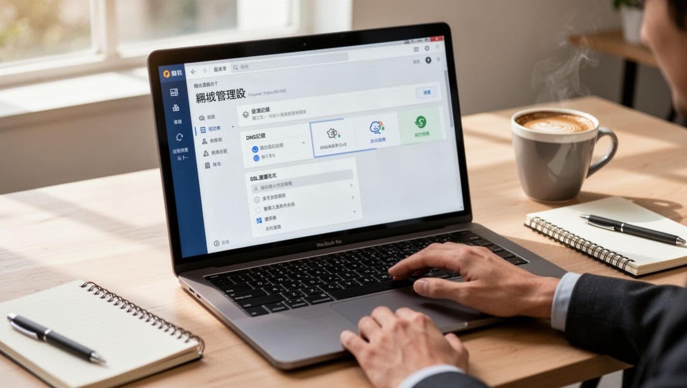 A laptop on a modern office desk displays a slightly blurred website management interface showing domain registration settings, DNS records, and SSL certificate status, with a coffee cup, notebook, and hand on the trackpad under natural daylight.