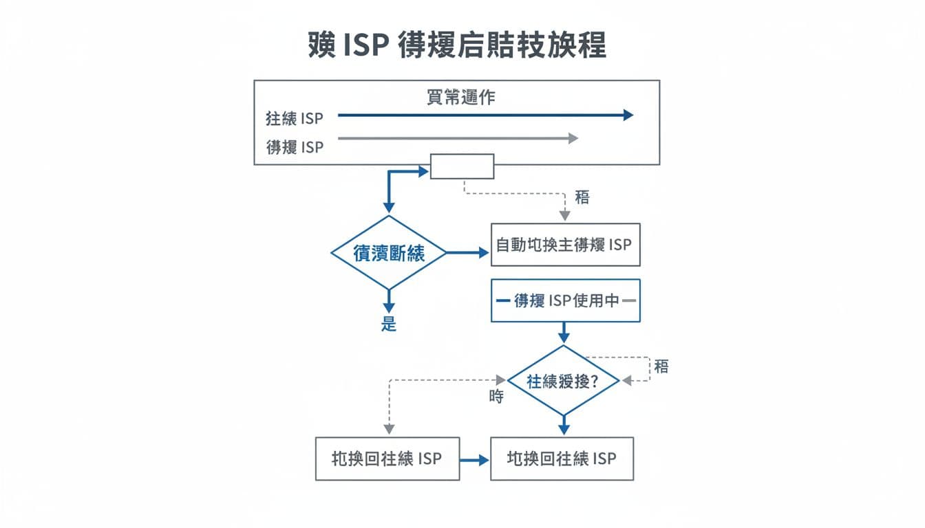 辦公室雙 ISP 備援配置指南:打造斷線不停工的穩定網路環境 Professional flat infographic flowchart illustrating the dual ISP redundancy failover process: from normal primary ISP usage, detection of main line failure, automatic switch to backup ISP, and recovery. White background with blue-gray tones and Traditional Chinese labels like